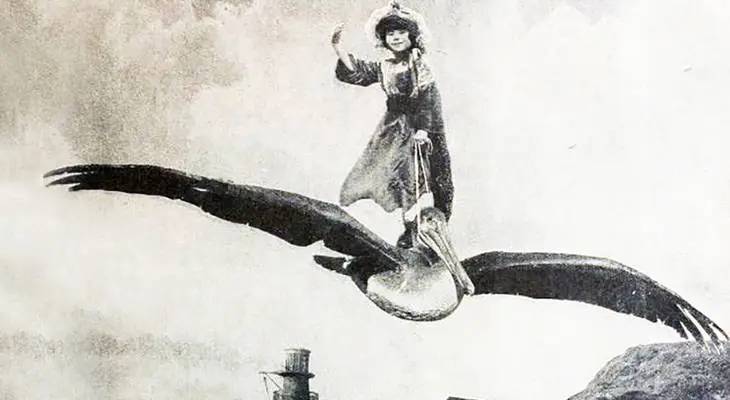 baby peggy, pete the pelican, 1924, silent movies, captain january, actress, film stars, odd, unusual, girl flying a bird, april fool