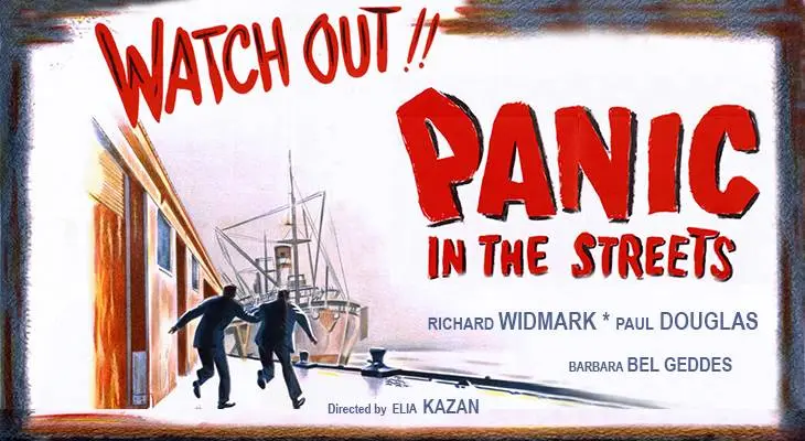 1950, classic movies, color poster, film noir, panic in the streets, crime dramas, thrillers, american actors, richard widmark, paul douglas, barbara bel geddes, director, elia kazan
