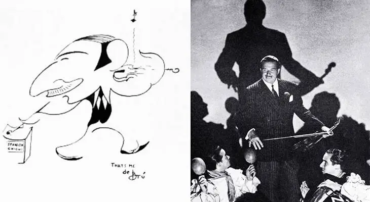 xavier cugat, cuban, spanish, latin, musician, violinist, bandleader, artist, caricaturist, de bru, caricature1927, 1944, orchestra leader
