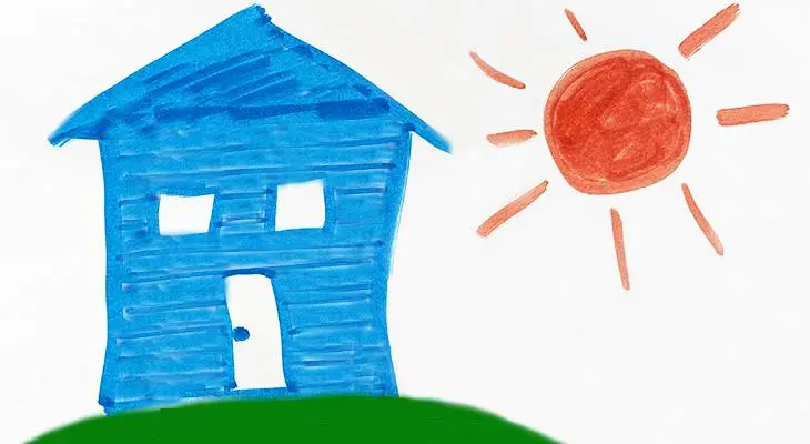 blue house, green hill, sunshine