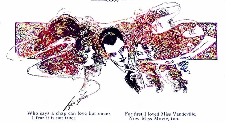 thuryle krezter, american artist, illustrator, poet, poem, miss movie, miss vaudeville, illustration, 1917, motion picture magazine, colorized illustration, pen and ink drawing, contour drawing, stippling technique, romantic doodles