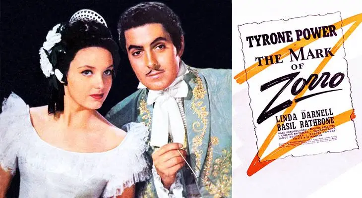 the mark of zorro, 1940, classic movie, film stars, american actor, tyrone power, actress, linda darnell,&nbsp;
