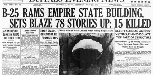 world war ii accident, wwii plane crash, empire state building, b25 bomber crash, july 28 1945, new york city, news headlines,&nbsp;