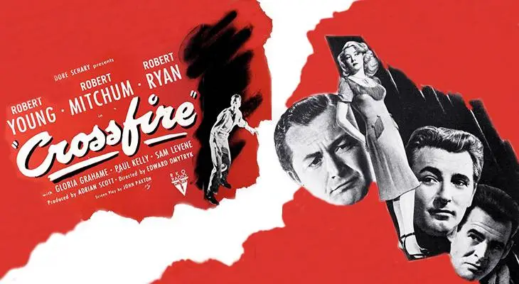 crossfire, 1947 movie, classic films, film noir, movie stars, actors, robert mitchum, robert young, robert ryan, paul kelly, director, edward dmytryk, producer, adrian scott, actress, gloria grahame, screenwriter, john paxton,&nbsp;