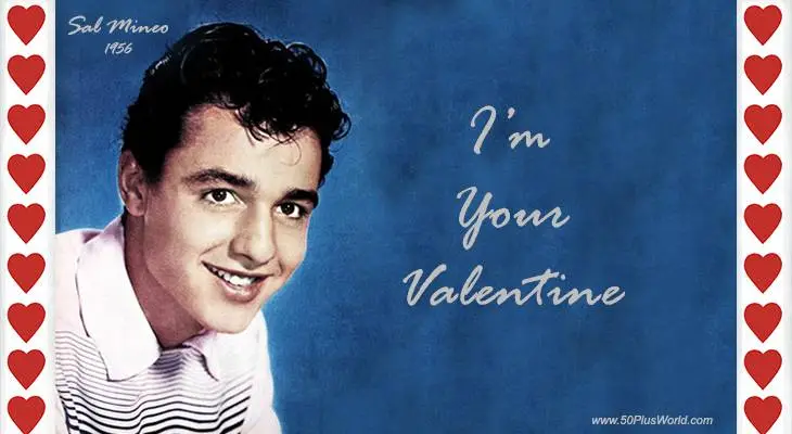 happy valentines day; greeting card; valentines wishes; vintage; celebrity; movie stars; actor, sal mineo, red hearts, blue background, im your valentine