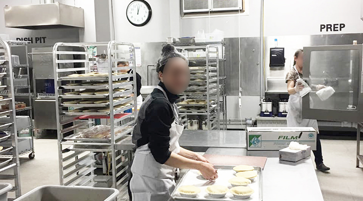 hamilton meat pie company, kitchen prep area, employees making turkey pot pies, flaky pie crust, tray of hand made turkey pies,&nbsp;